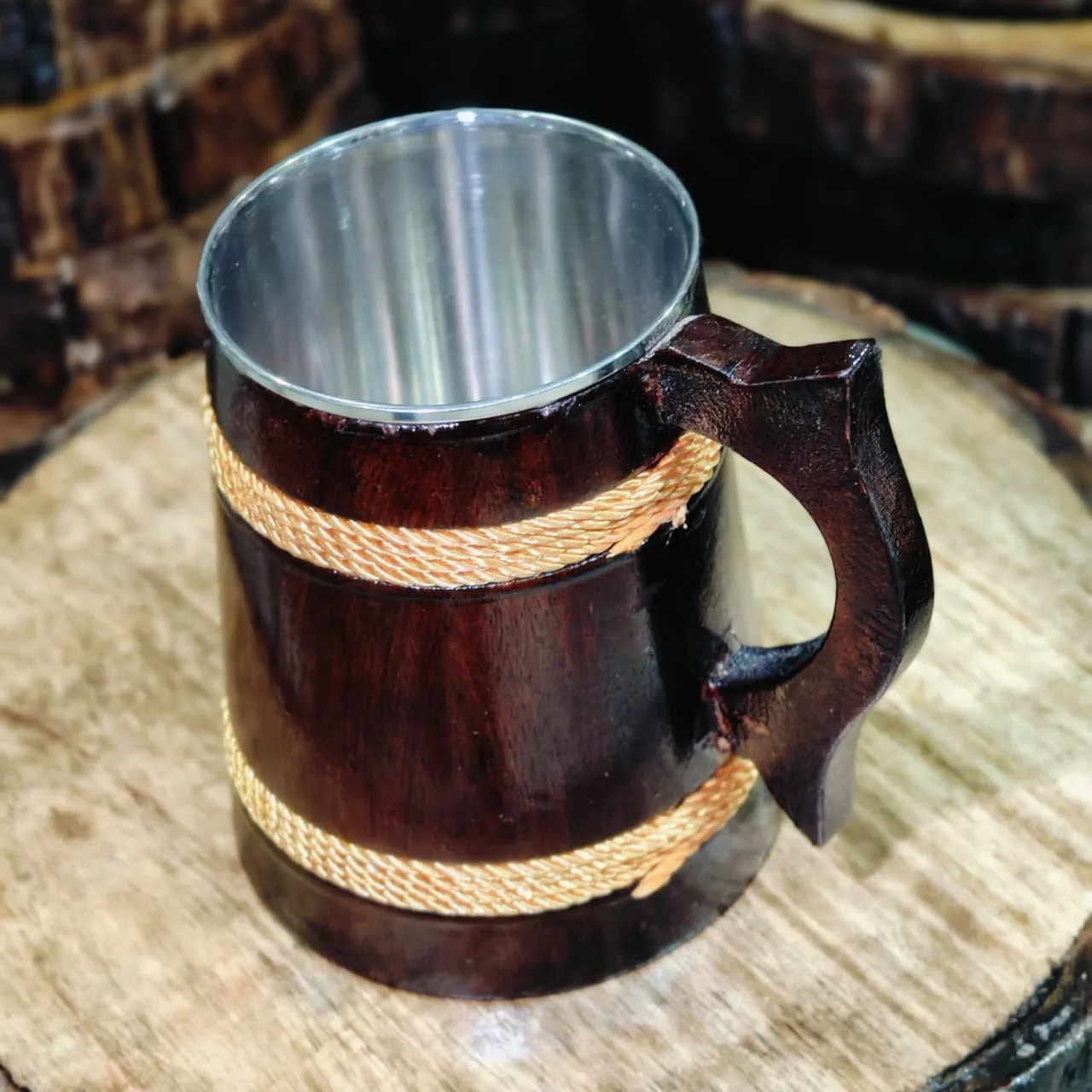 Wooden Finish Stainless Steel Beer Mug with Handle view 2